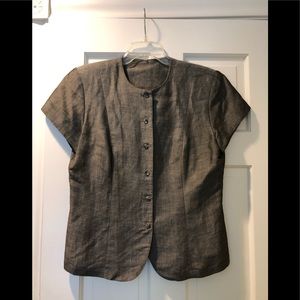 Gray short sleeve silk top.